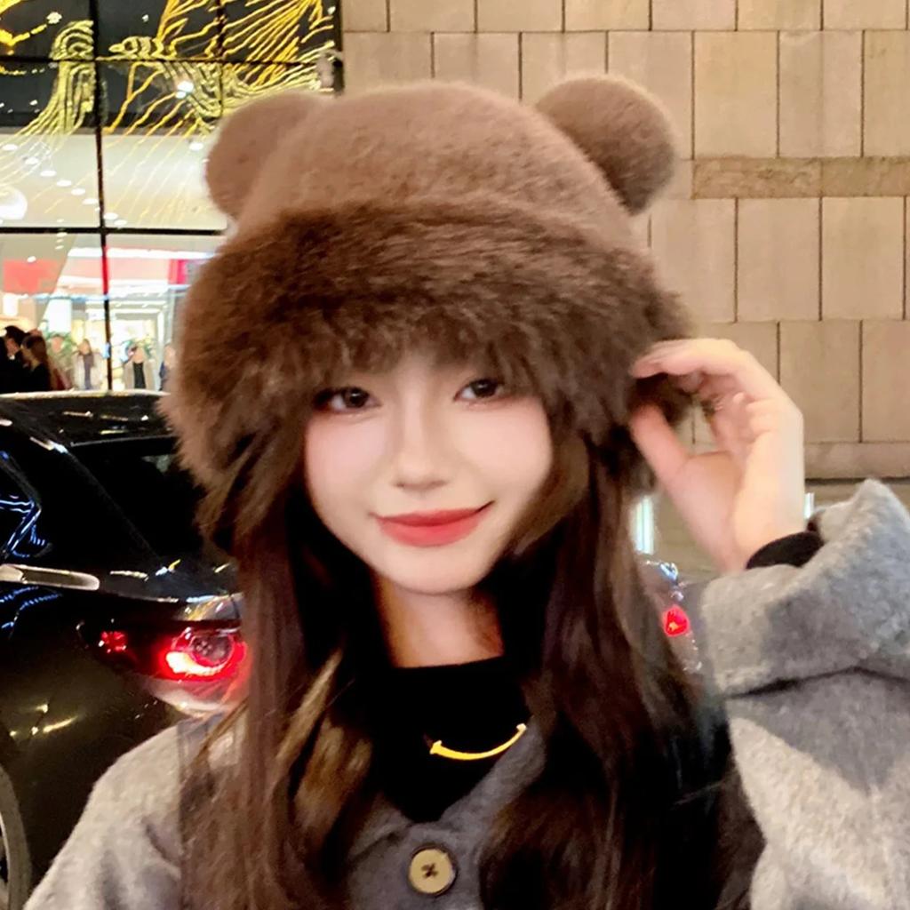Retro Fuzzy Bear Ear Beanie Hat Pom-pom Ears Bucket Hats for Men and Women Winter Russian Thickened Warm Ear Protector Basin Cap