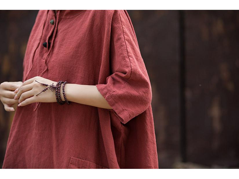 Women's Cotton Linen Hooded Frog Button T-shirt - Autumn/Winter Short Sleeve Sun Protection