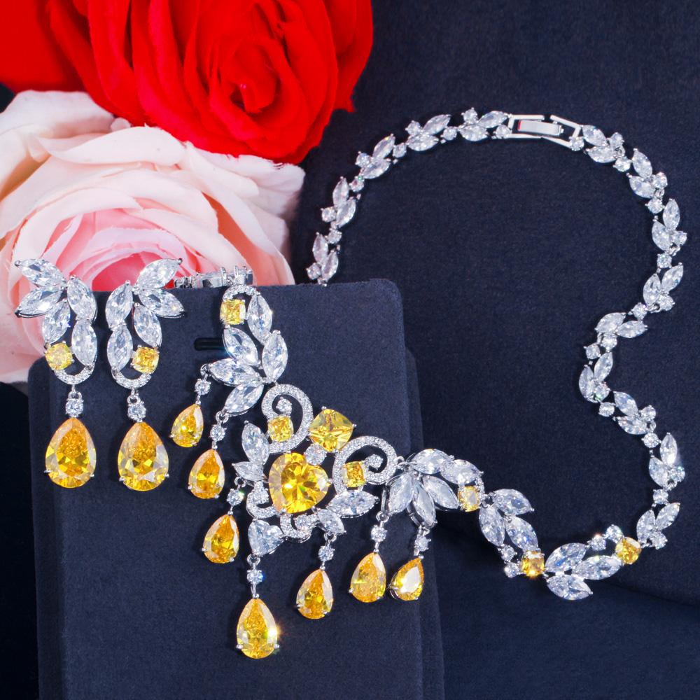 Set de cercei colier cu ciucuri de lux alb auriu CMM Set de bijuterii cu zirconiu în stil boem