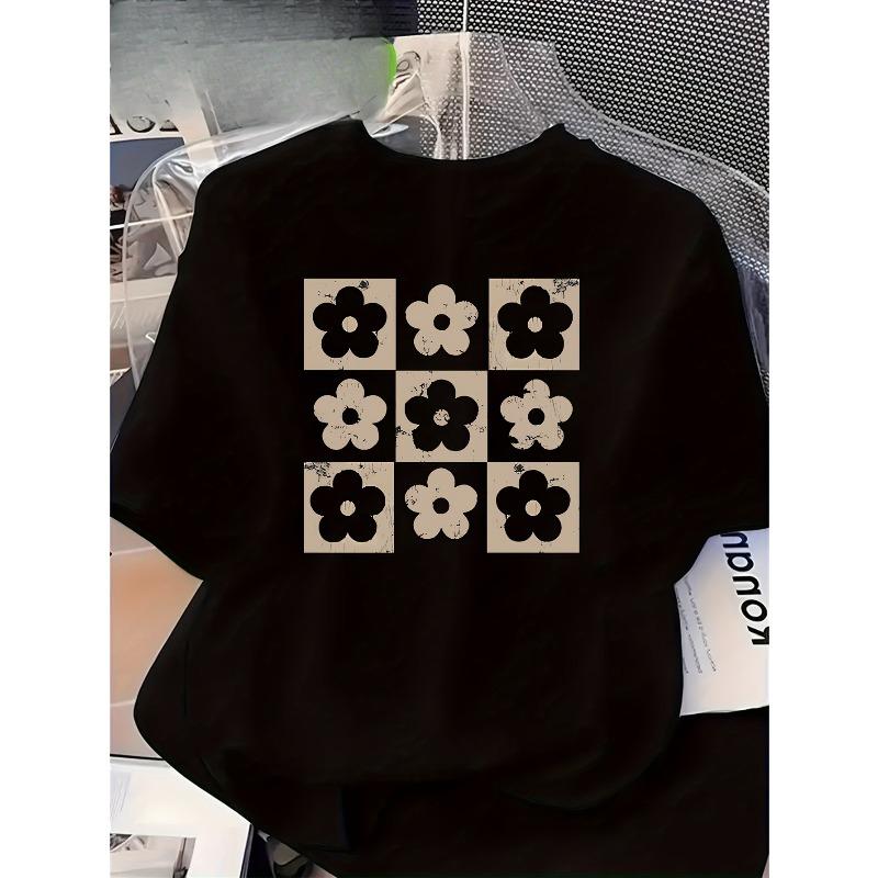 European Size Women's  Vintage - Letter Print T-Shirt - Short Sleeve Round Neck Casual Blouse with Alphabet Chart for Spring Summer Casual Attire