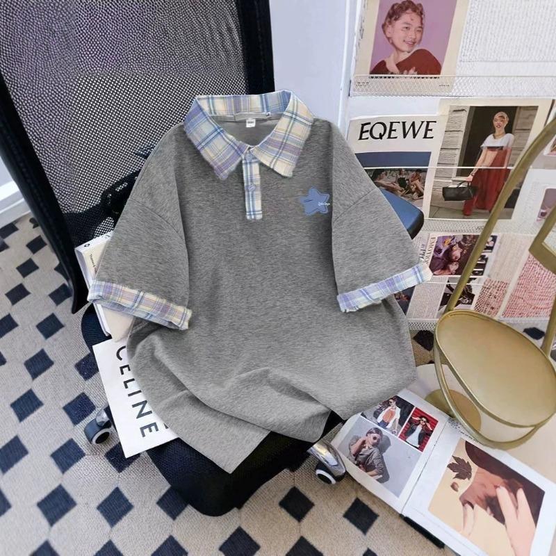 Niche summer American fashion shoulder sleeve polo collar short sleeve T-shirt men and women couples plaid ins top