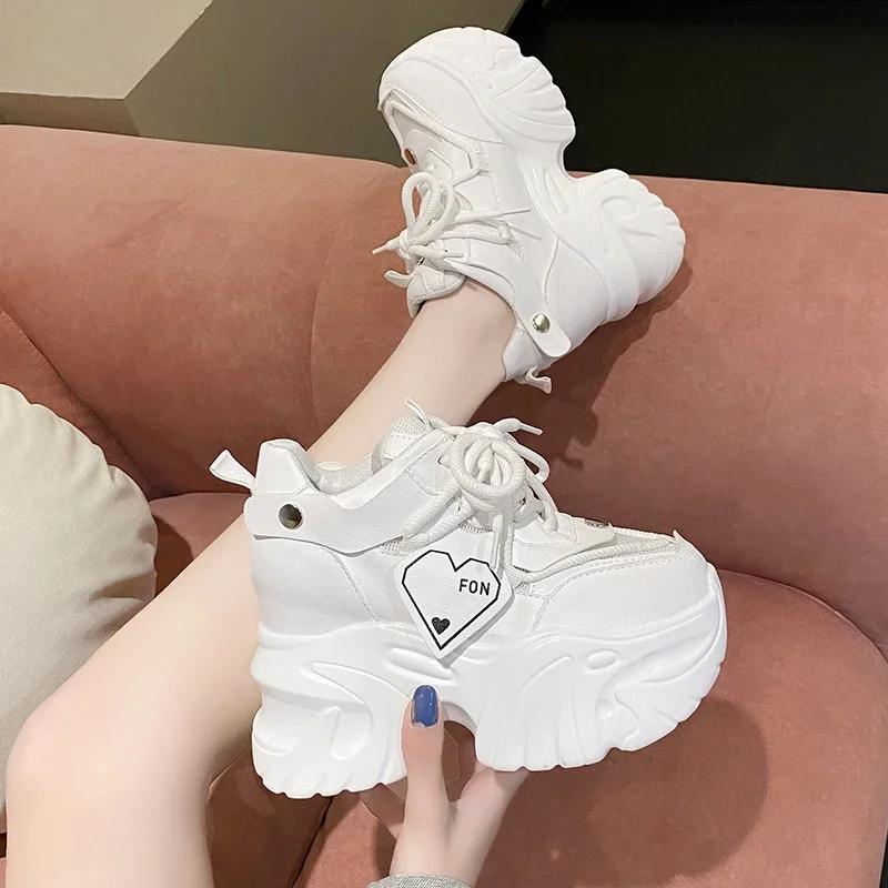 9.5CM Heels Chunky Sneakers Spring Autumn Women Ventilate Shoes Comfortable Casual Leather Shoes Female Non-slip Chunky Sneakers