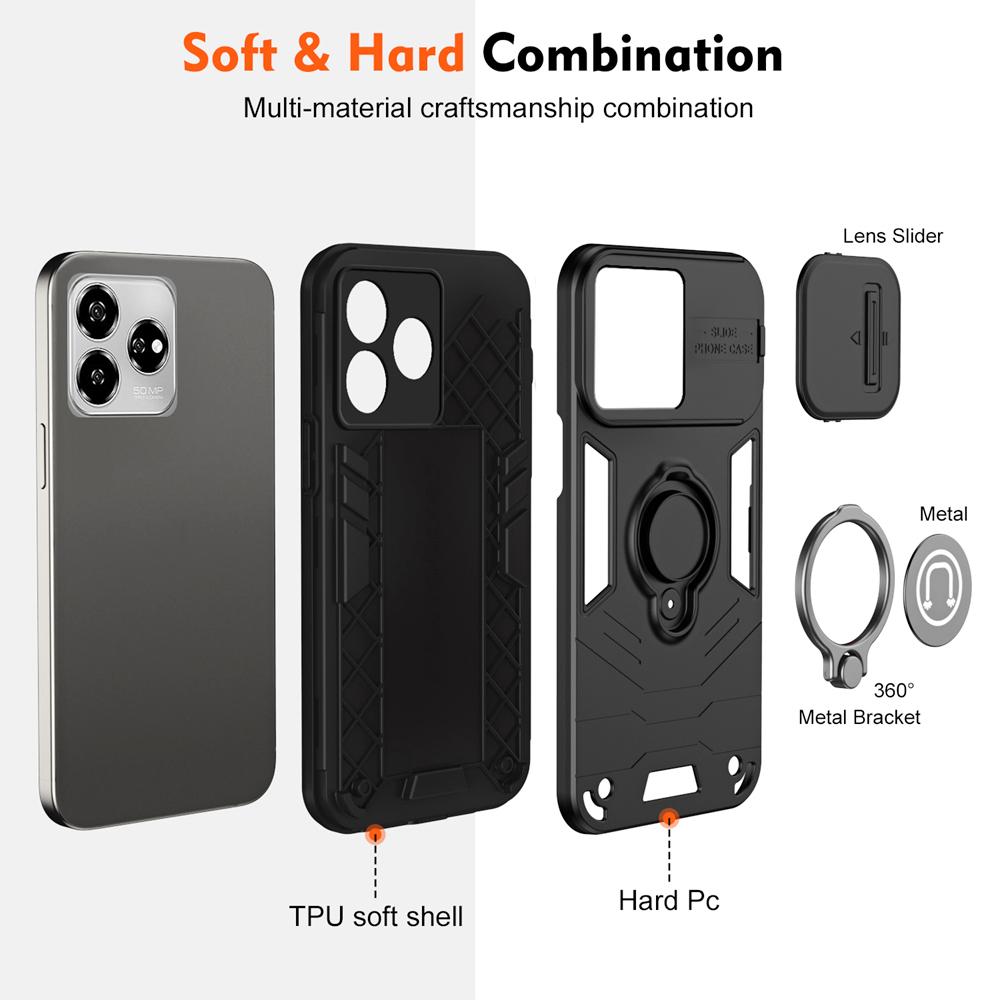 KEYSION Shockproof Armor Case for ZTE Axon 60 Silicone+PC Slide Camera Protection Ring Stand Phone Cover for ZTE Axon 60 Lite