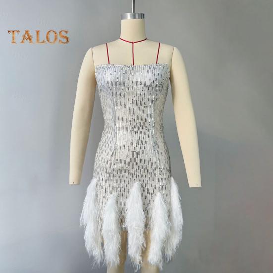 Women Evening Dress Sequin Fluffy Fur Decor Sleeveless Off Shoulder Skinny Sheath Backless Prom Banquet Mini Dress Wedding Bride Dress