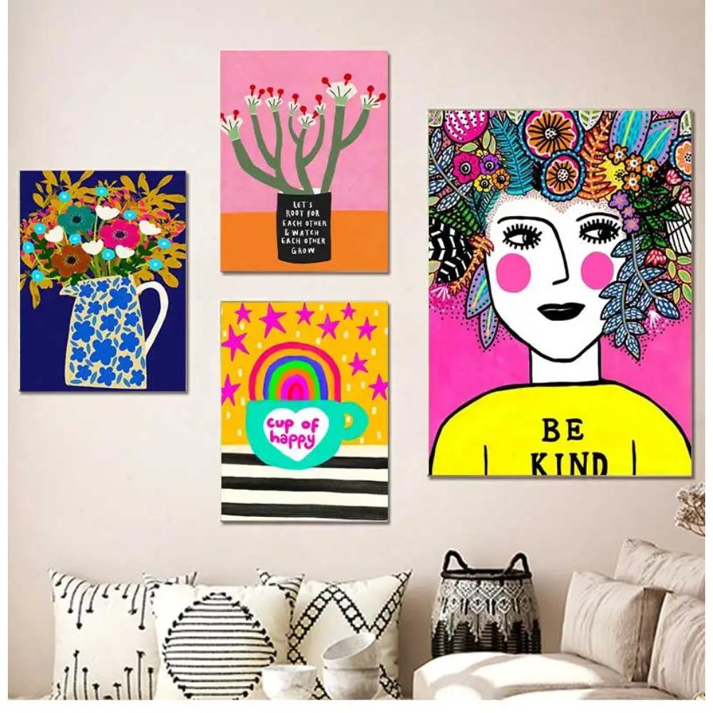 Nordic Posters and Prints for Room Decoration, Wall Photos, Colorful Flower, Rainbow, Cup, Lady Leopard, Canvas Painting