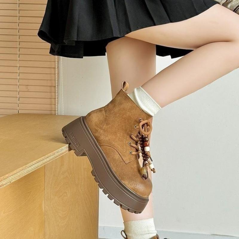 Retro Plateau-Martin-Stiefel für Damen, Herbst, neue Mode, Maillard, schlanke kurze Stiefel, Lokomotiv-Rhabarber-Stiefel