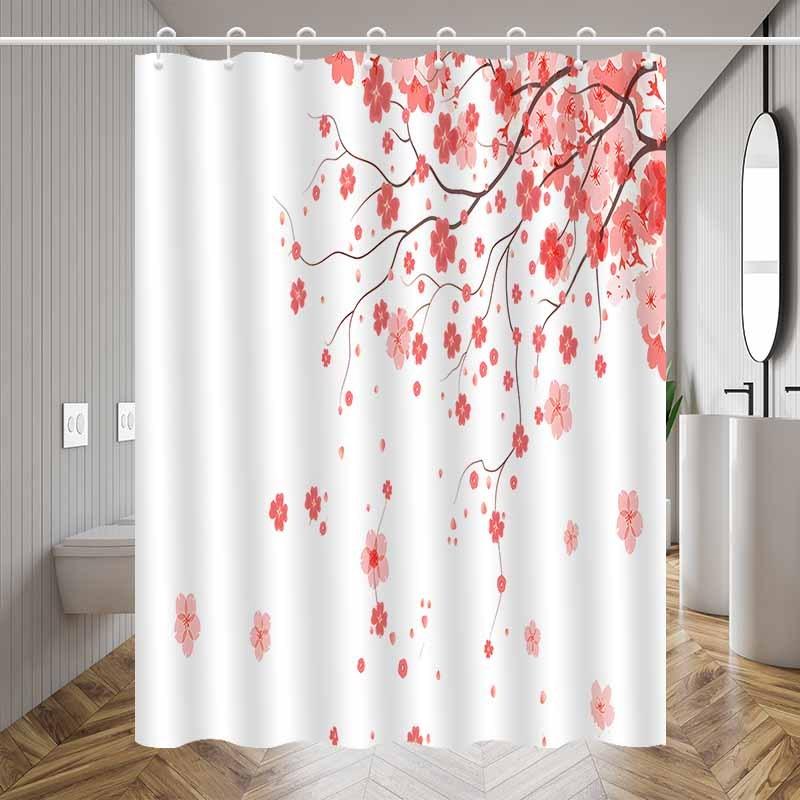 1pc cherry blossom print shower curtain, polyester fabric, machine washable, with hook, suitable for bathroom decoration