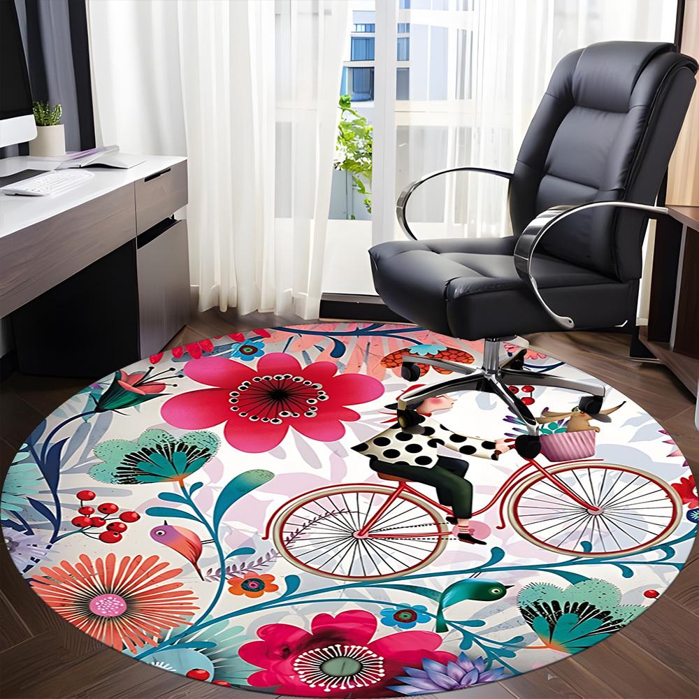 1pc Cyclist, Floral Office Round Rug, Non-slip, Soft and Durable Office Rug for Interior Decoration, Perfect for Office, Decoration yy260204005