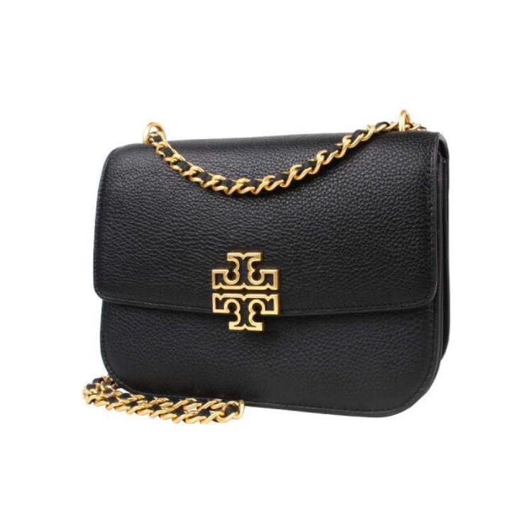 Tory Burch Britten Minimalist Fashion Hollow Double T Logo Flap Adjustable Metal Chain Leather Crossbody Shoulder Bag Women bags Black 140987-001