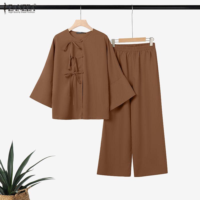 ZANZEA Women Long Sleeve Blouse and Pants Casual Two Piece Suit Sets