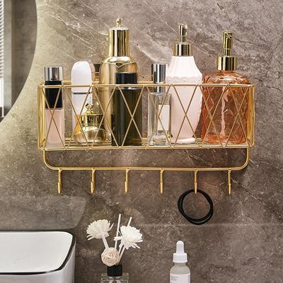 Bathroom Shelf No Drill Wall-Mounted Golden Iron Toiletries Storage Rack With Hook For Shampoo Shower Gel Organizer Shower Shelf