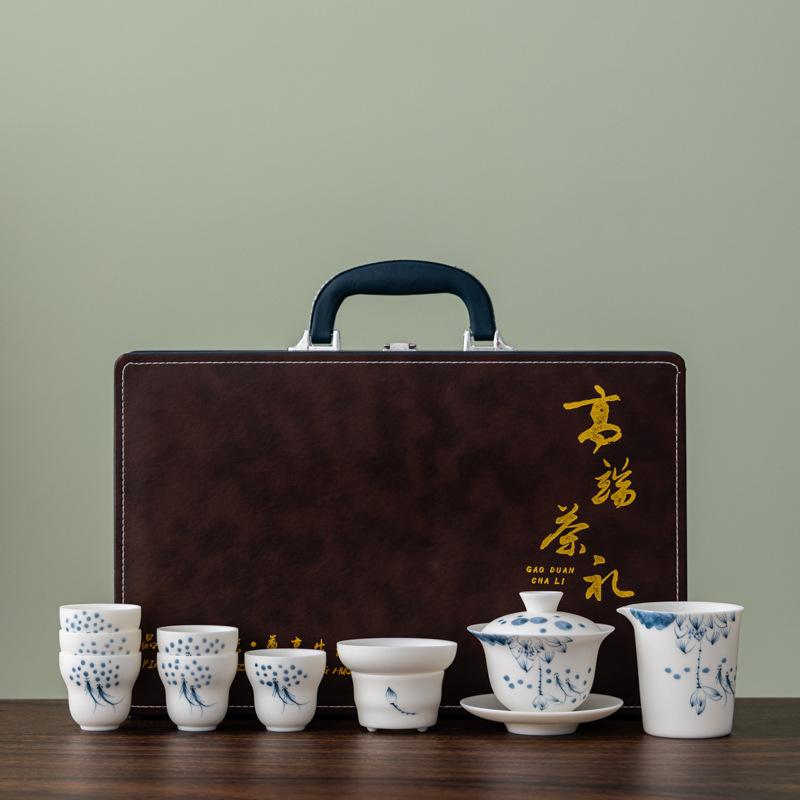 White Pottery Hand-painted Plain-fired Suet Jade Porcelain Tea Set Business Company Annual Meeting High-end Gifts