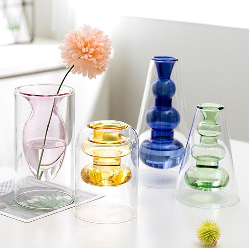 European Glass Rattan Aroma Vase - Double Layer, Colored Glass, Flameless Hydroponic for Living Room