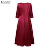 ZANZEA Damen Casual Rundhals Einfarbig 3/4-Ärmel Satin Kleid
