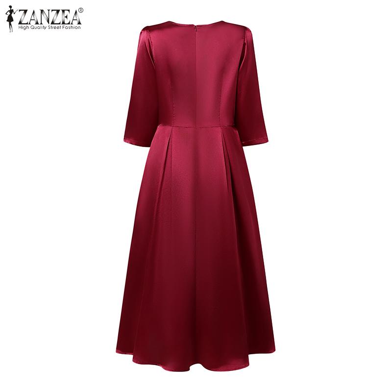ZANZEA Damen Casual Rundhals Einfarbig 3/4-Ärmel Satin Kleid