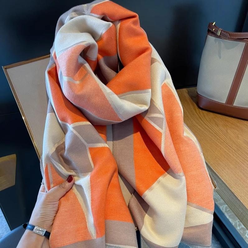 

Korean Style Versatile Orange Rice Geometric Color Block Raw Edge Imitation Cashmere Dual Purpose Scarf for Women Winter Warm Scarf Long Shawl