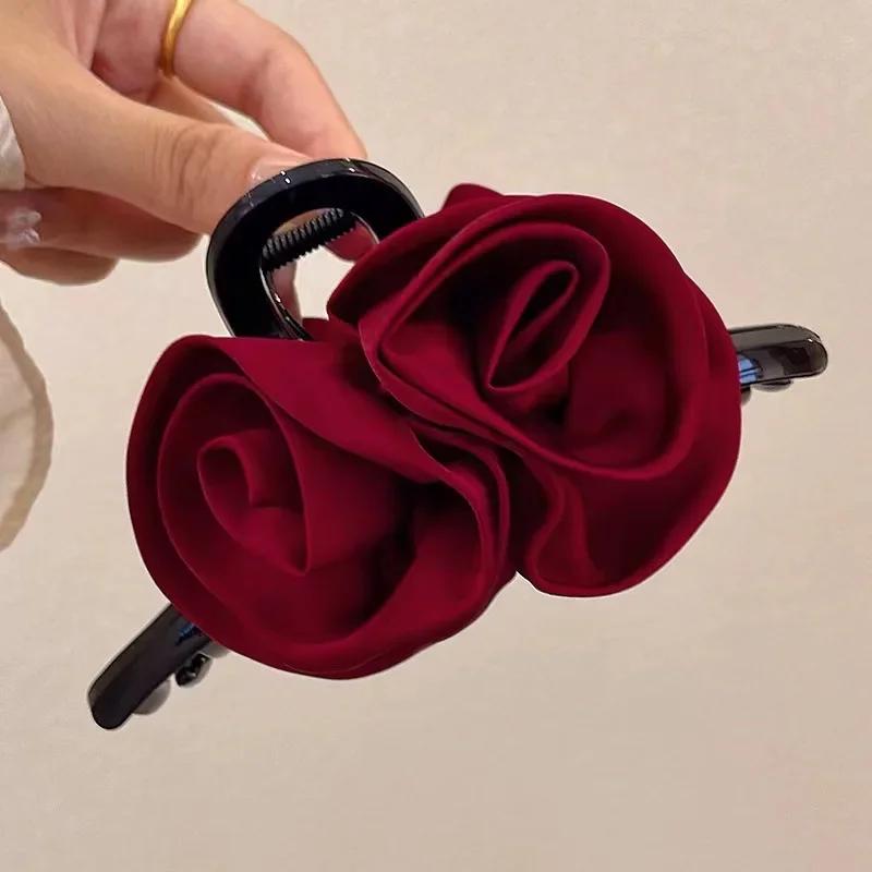 French Big Double Rose Flower Hair Claw Clips for Women Girls Vintage Satin Solid Fabric Handmade Shark Hairgrip Accessories New