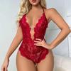 New Crotchless Red Sexy Lingerie Women Lace Hollow Bodysuit Erotic Costumes Teddy Baby Doll Dress Deep V Open Bra Porn Underwear