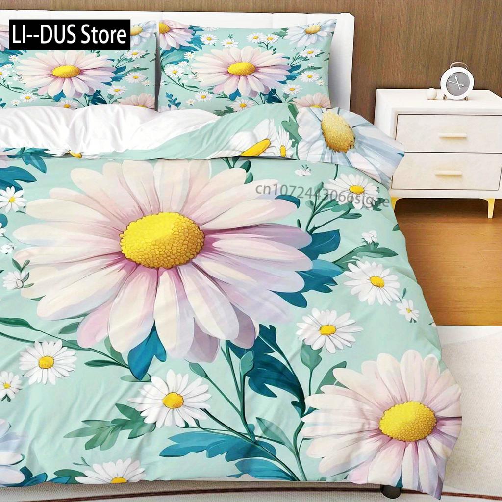 Comforter 3Pcs Daisy Flower Floral Botanical Fresh Nature Theme Bedding Set Suitable For Decoration Bedroom Living Room