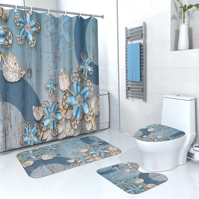 4Pcs Shower Curtain Set with Non-Slip Bath Mat, Toilet Lid Cover, Contour Rug & 12 Hooks, Bathroom