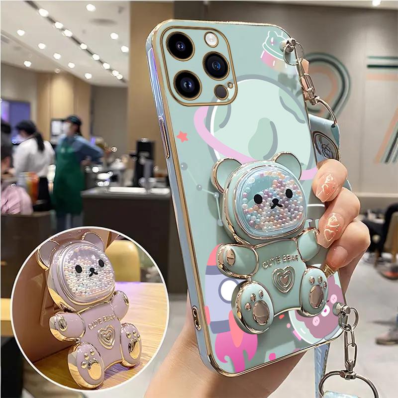 Space Bear Lanyard Holder Case For 14 15 11 12 13 Pro Max Mini 8 7 6 S Plus X Xr Xs Max Crossbody 15pro Strap Stand Cover