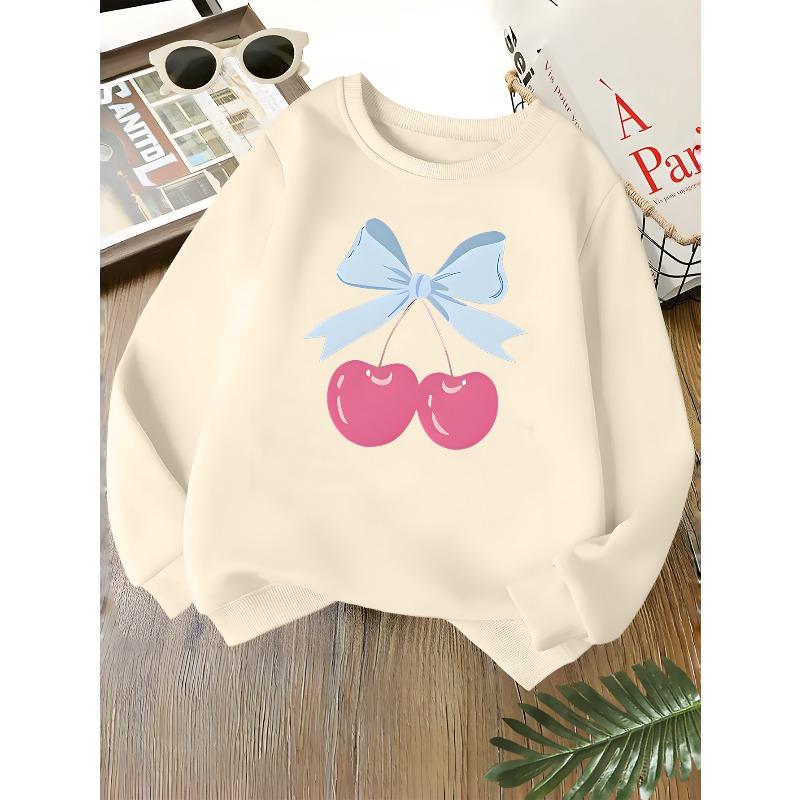 Kids Unisex Crewneck Sweatshirt, Cute Light Blue Bow Cherry Cartoon Print Soft Fleece Pullover For Kids Over 4 Years Old