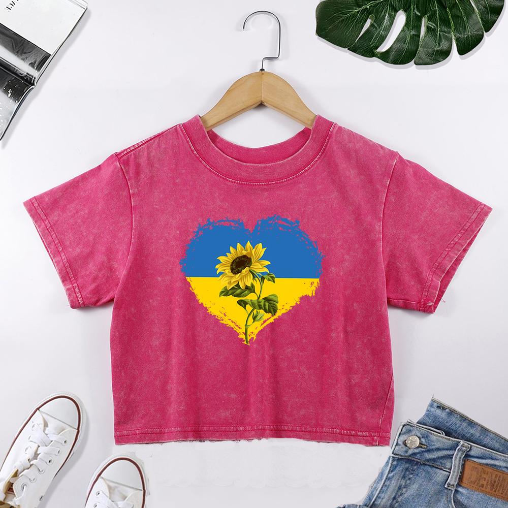 Ukrainian Flag Pattern Sunflower Printing Women Lace Washed Crop T Shirt Slim Crewneck T-Shirt Summer Cotton Female Streetwear