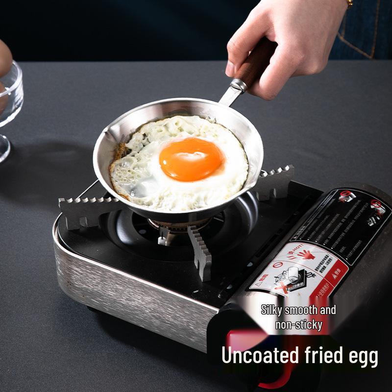 Mini Patelnia ze stali nierdzewnej 304 z płaskim dnem, drewnianą rączką i osłoną przeciw pryskaniu, niepowlekana patelnia do omletów