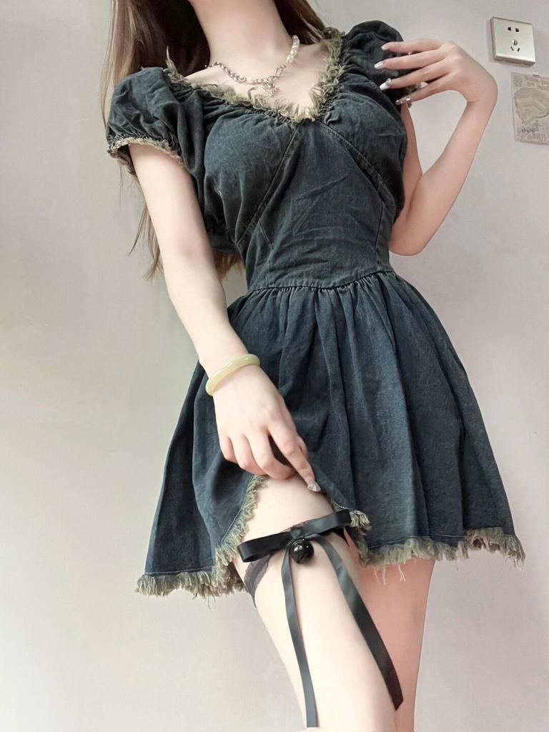Summer Vintage Denim Dresses Puff Sleeve Slim Mini Dress