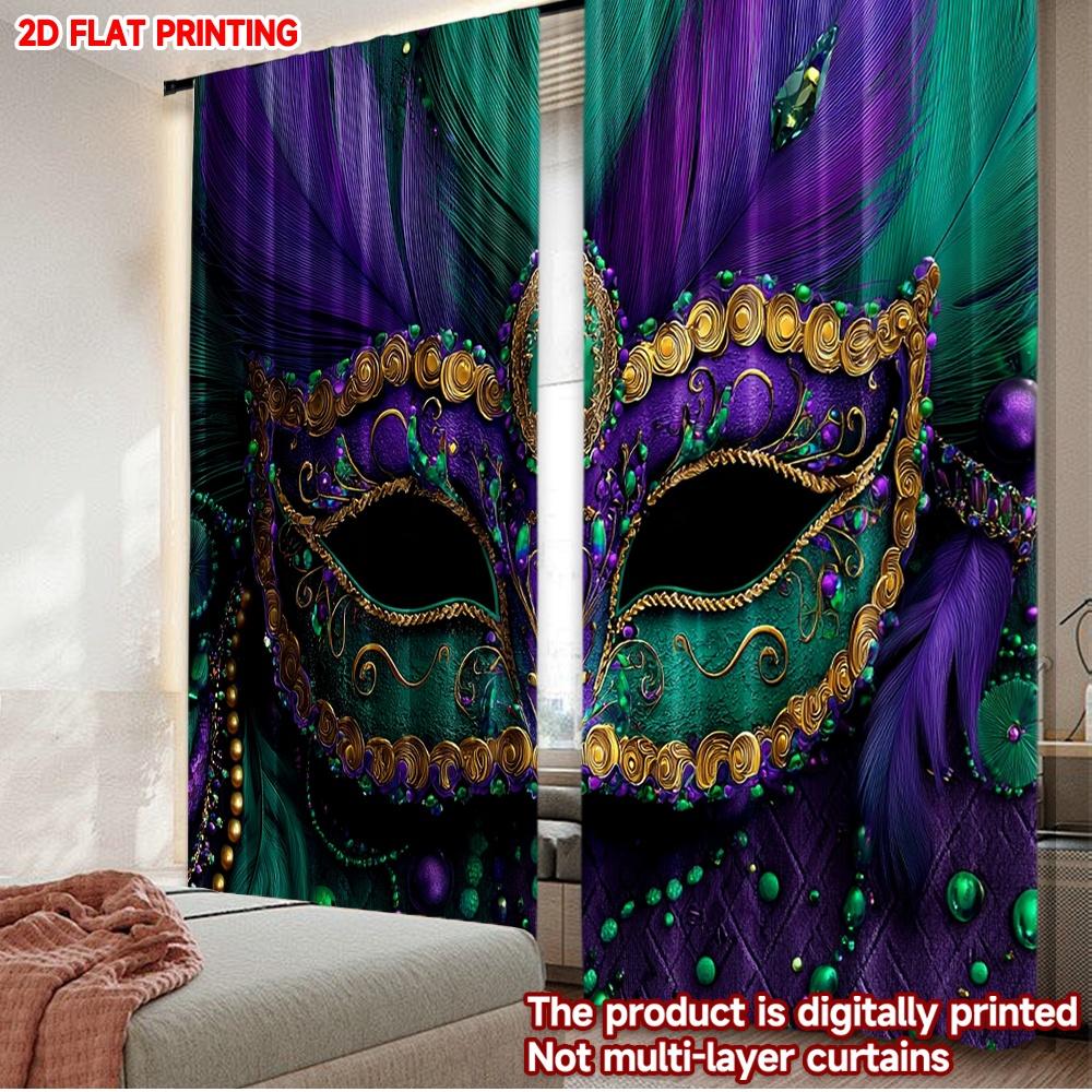2D flat printing 2pcs Curtain Curtain Mardi Gras Mask and Feathers Digital Printed Polyester Drapes Family Party Decoration for