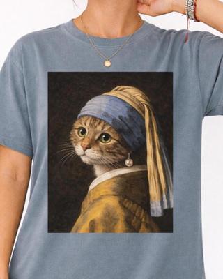 Cat With Pearl Earring Shirt and Kids Tshirt Vintage Art Cat Portrait Comfort Colors Tee Museum Aesthetic Cat Lover Gift Crop Top Tank