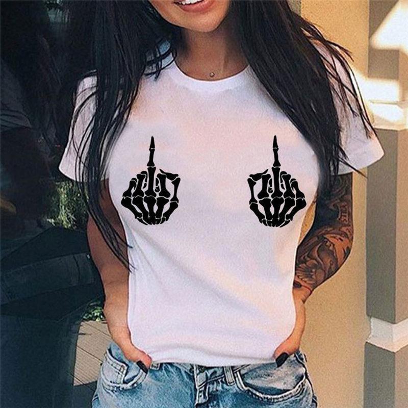 Summer Tshirt Women New Fashion Middle Finger Chest Graphic Printed Round Neck T Shirt Casual Simple Women Tee Tops Female