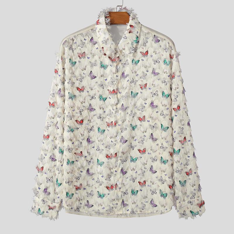 INCERUN Men Long Sleeve Print Patchwork Tassel Casual See Through Shirts