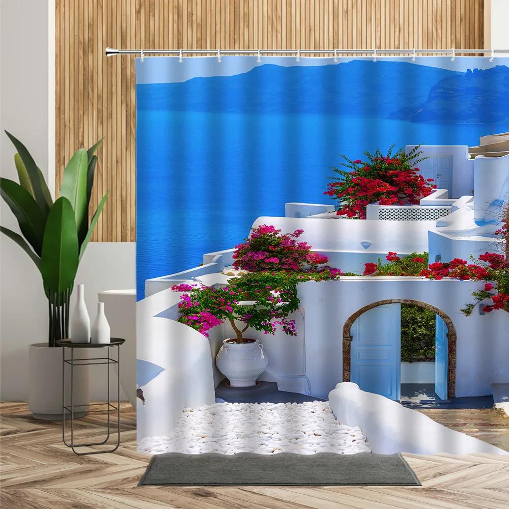 Scenery Shower Curtain Greece Seaside City Blue House Printed Fabric Bath Curtain Home Bath Decoration Bathtub Screen With Hooks