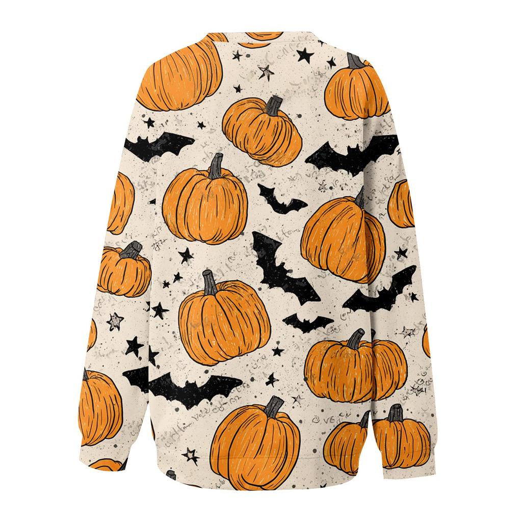 Women's Fashion Casual Long Sleeve Halloween Printed Neck Sweatshirt Top