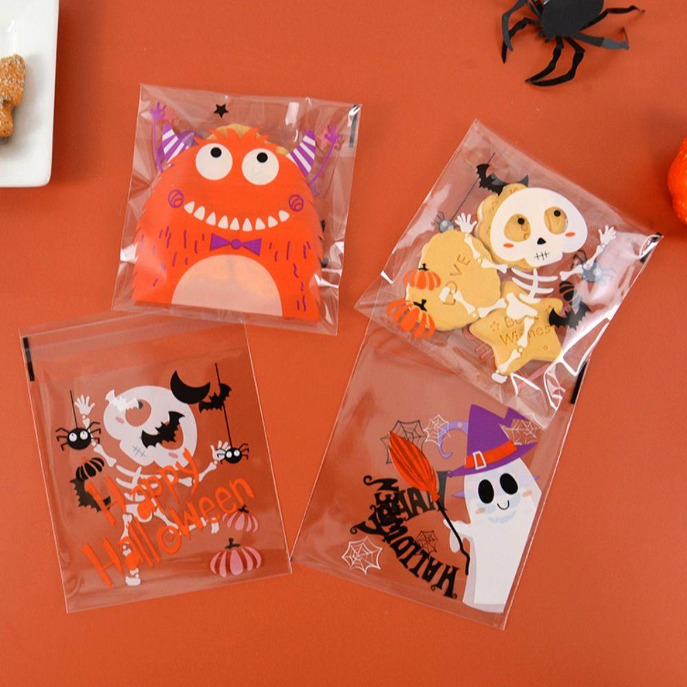 100PCS Self-adhesive Halloween Plastic Candy Pouch Pumpkin Halloween Biscuit Gift Bag   Party