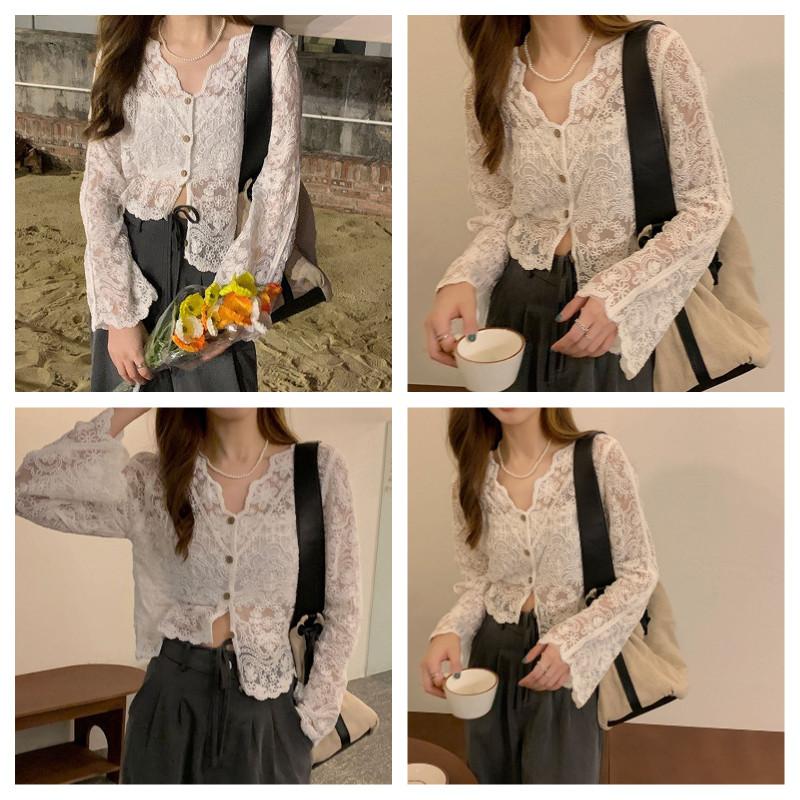 No Inner Wear French Style Lace Cardigan Women Summer New Arrival V Neck Elegant Slim Fit Sheer Outerwear Top With Flare Sleeves