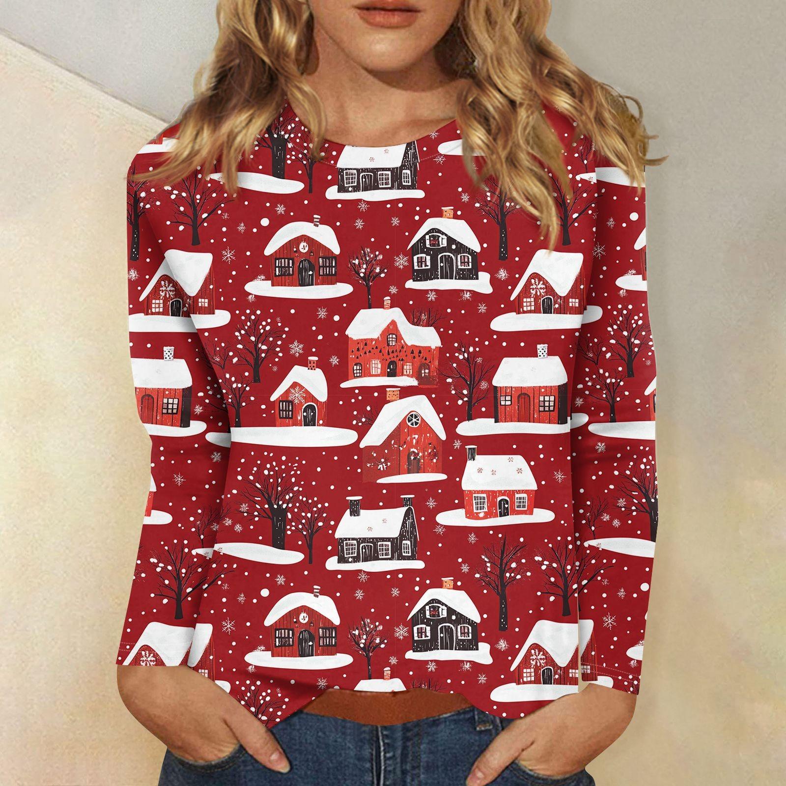 

Жіноча модна повсякденна декоративна футболка з різдвяним принтом і круглим вирізом з довгим рукавом M винний