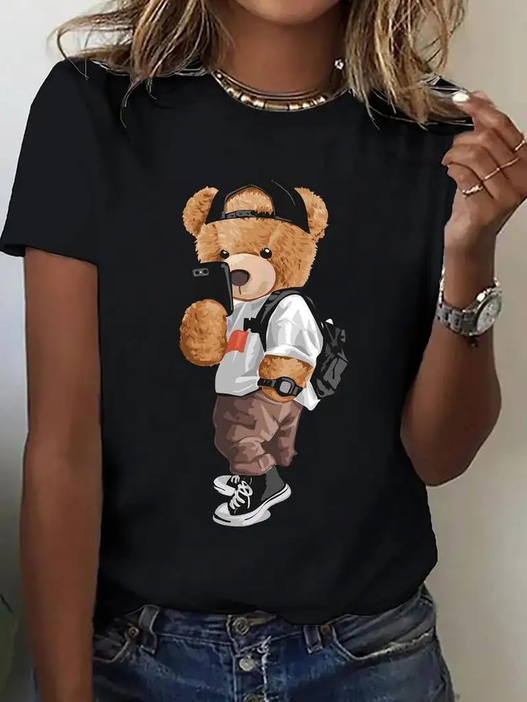 Hip Hop T Shirt Bear Kawaii Print T-shirt Short Sleeve Crew Neck Casual Top for Summer Spring Women's Clothing Top Tee