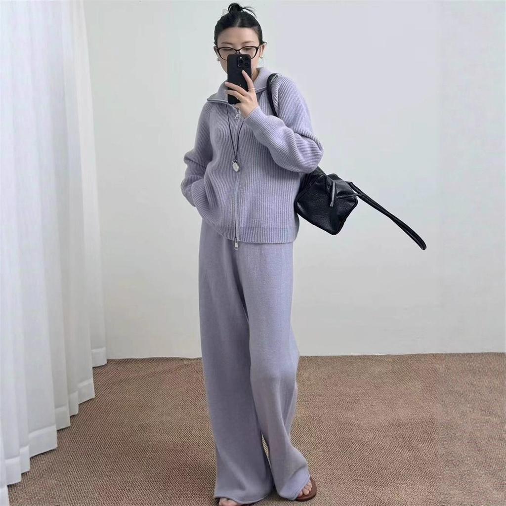 Autumn and winter new European and American women's clothing solid color zipper cardigan knitted wide-leg pants two-piece set for women
