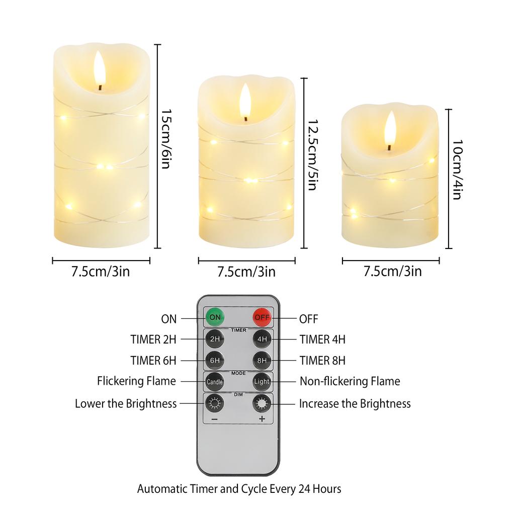 Set of 3 Flameless Led Candle Real Wax Candle Light With 6 Hours Timer Birthday Parties Valentine's Day Easter