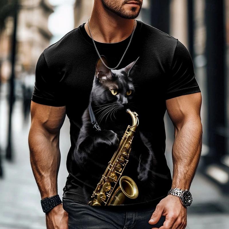Summer Men's Breathable Outdoor T-shirt Short Sleeve Cartoon Cat Printed Pattern Large Size Loose Men's T-shirt Casual Classic