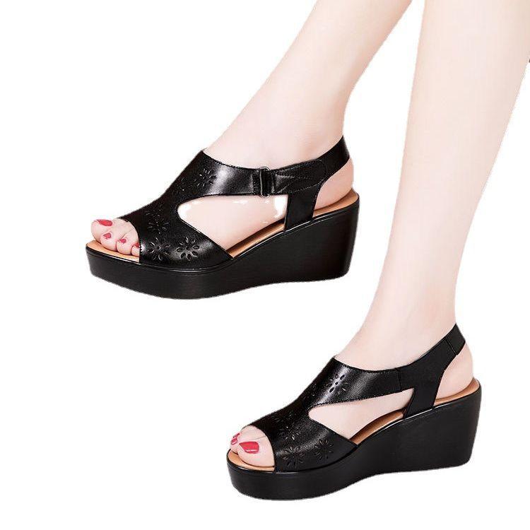 Real soft leather wedge heel sandals women's summer thick-soled fish mouth hollow waterproof table muffin soft-soled mother shoes Velcro