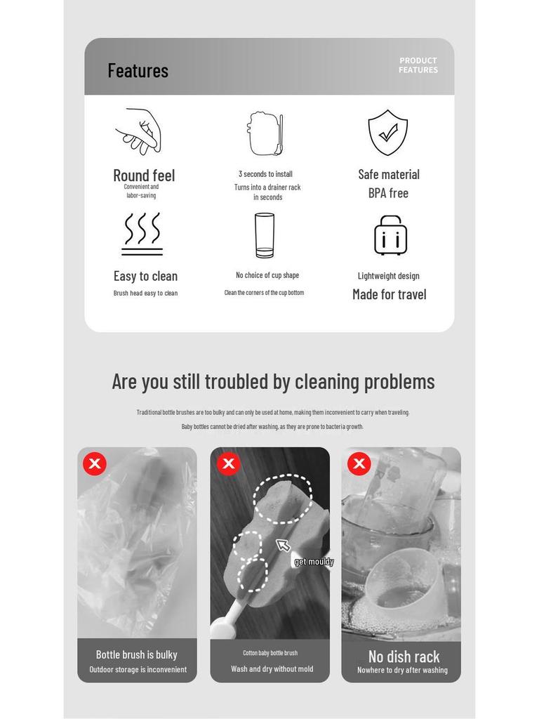 Portable Baby Bottle and Nipple Brush Set with Storage Box - Silicone Cleaning Tool