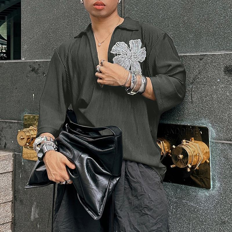 INCERUN Oversized Men 3/4 Sleeve Embroidery Texture Casual Loose T-shirts Tops