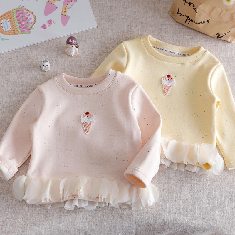 Girls Long Sleeve T-shirt Sweet Flower Patchwork Hem Warm Clothes Cotton Blend Comfortable Breathable Round Neck Pullover for Toddlers