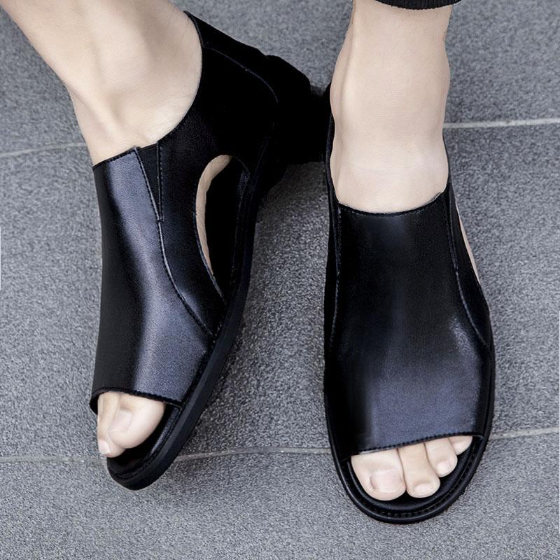 Summer Sandals Men Genuine Leather Peep Toe Slippers Man Comfortable Classic Luxury Sandals Men's Beach Shoes Male Casual Shoes