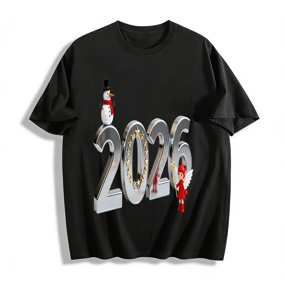 

2026 New Year Snowman Angel Print Casual Top For Men Women Pure cotton T-shirt XXS