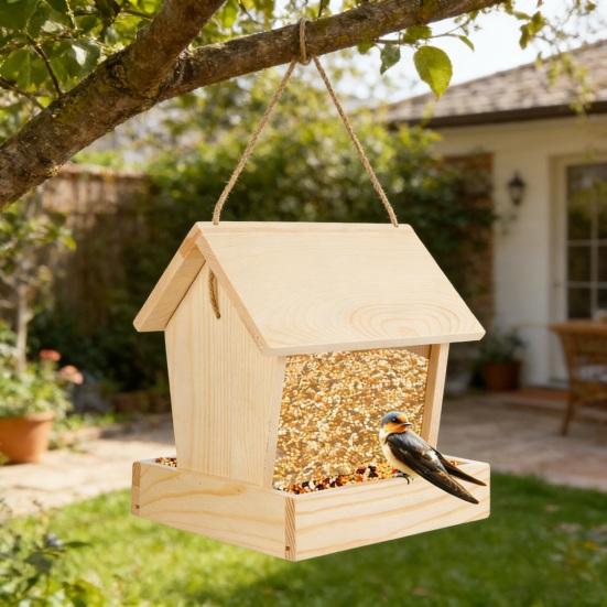 Wooden Hanging Bird Feeder with Easy-Open Roof Weatherproof Outdoor Wild Bird Feeder for Garden Patio Balcony Large Capacity Seeds Container for