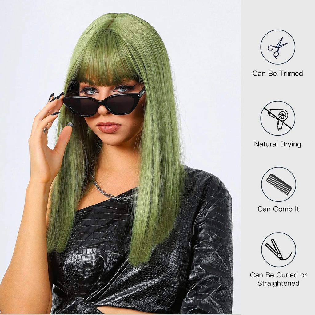 Green Synthetic Cosplay Wig with Bangs Medium Length Straight Wigs for Women Halloween Party Natural Hair Wig Heat Resistant